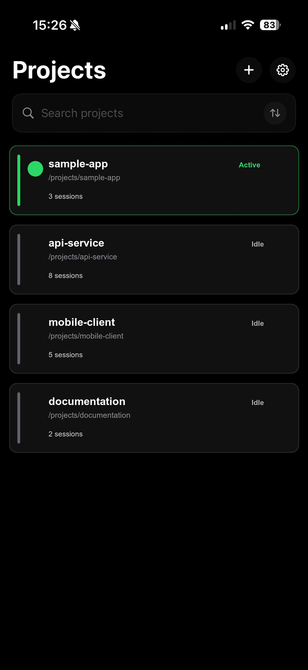 OC Remote showing active and idle OpenCode projects with their session counts