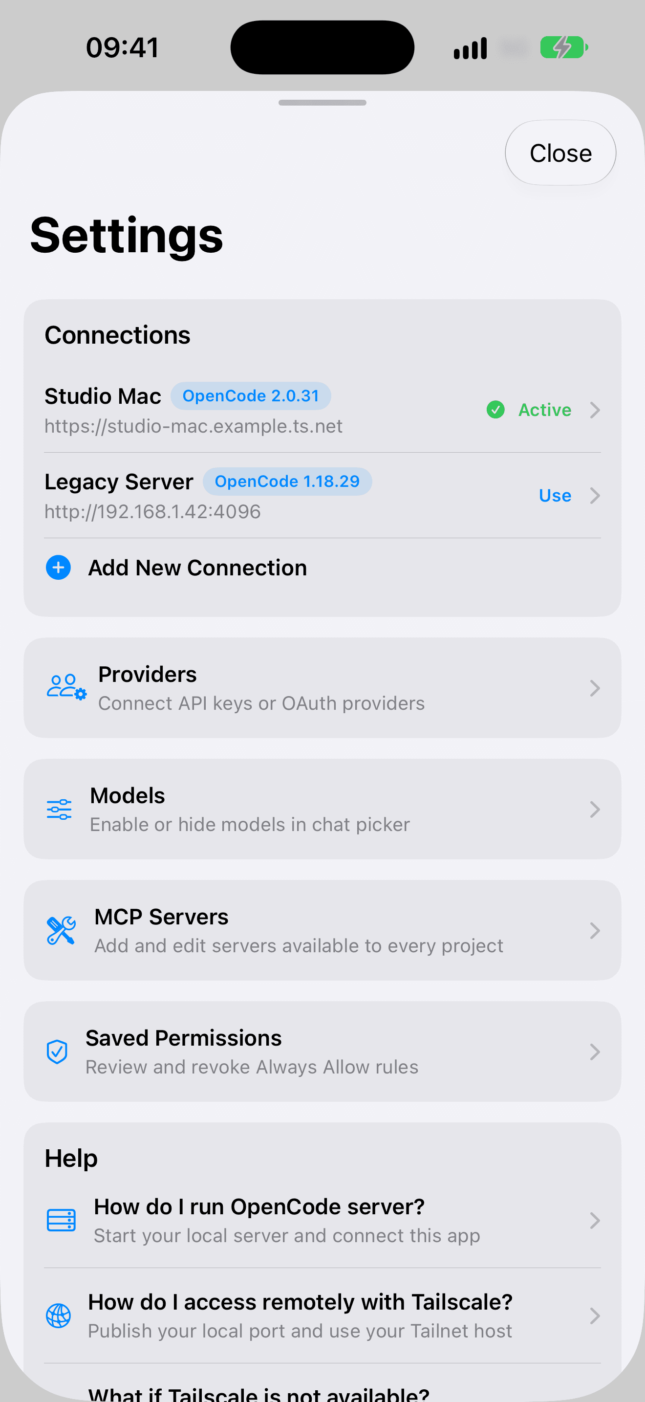 OC Remote showing connected stable OpenCode V2 and classic V1 servers