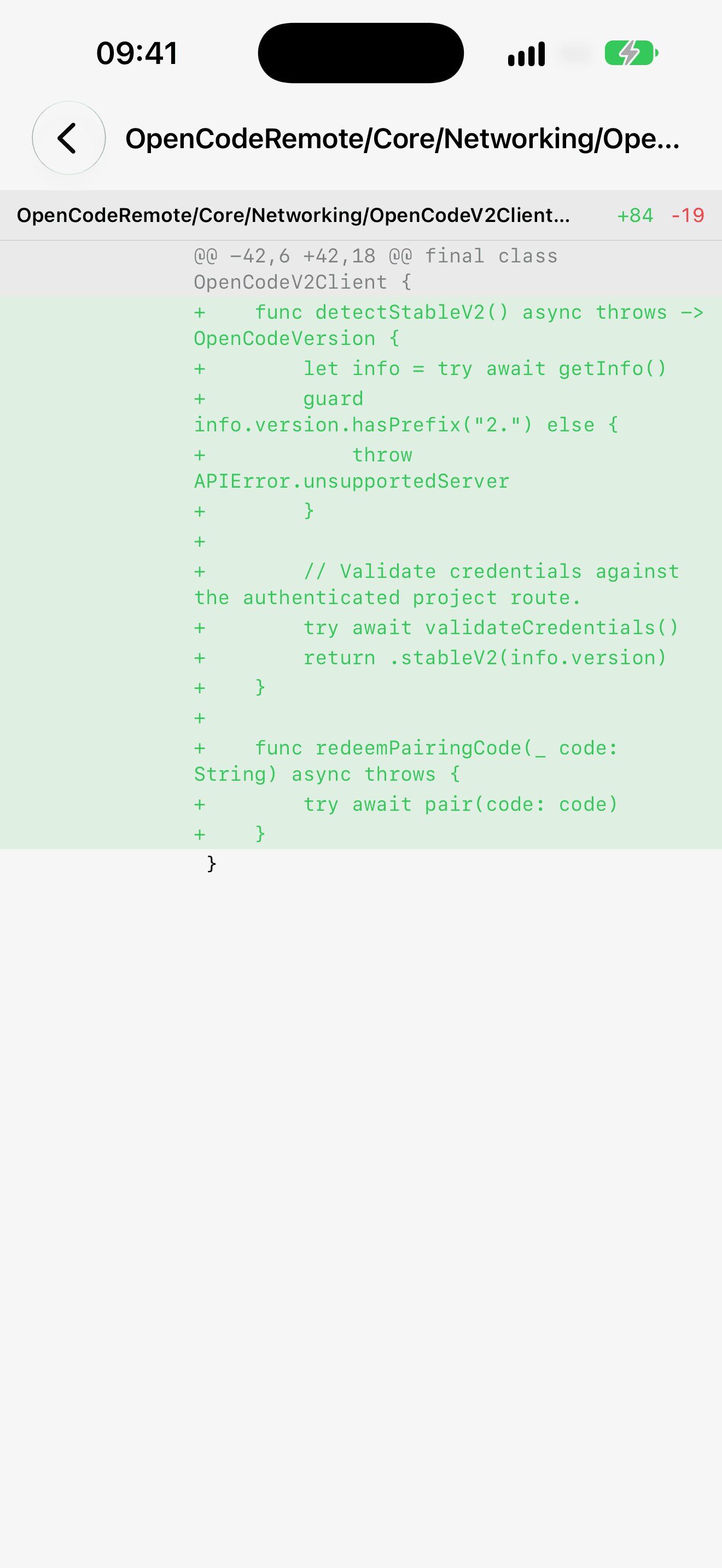 OC Remote showing a line-by-line OpenCode session diff