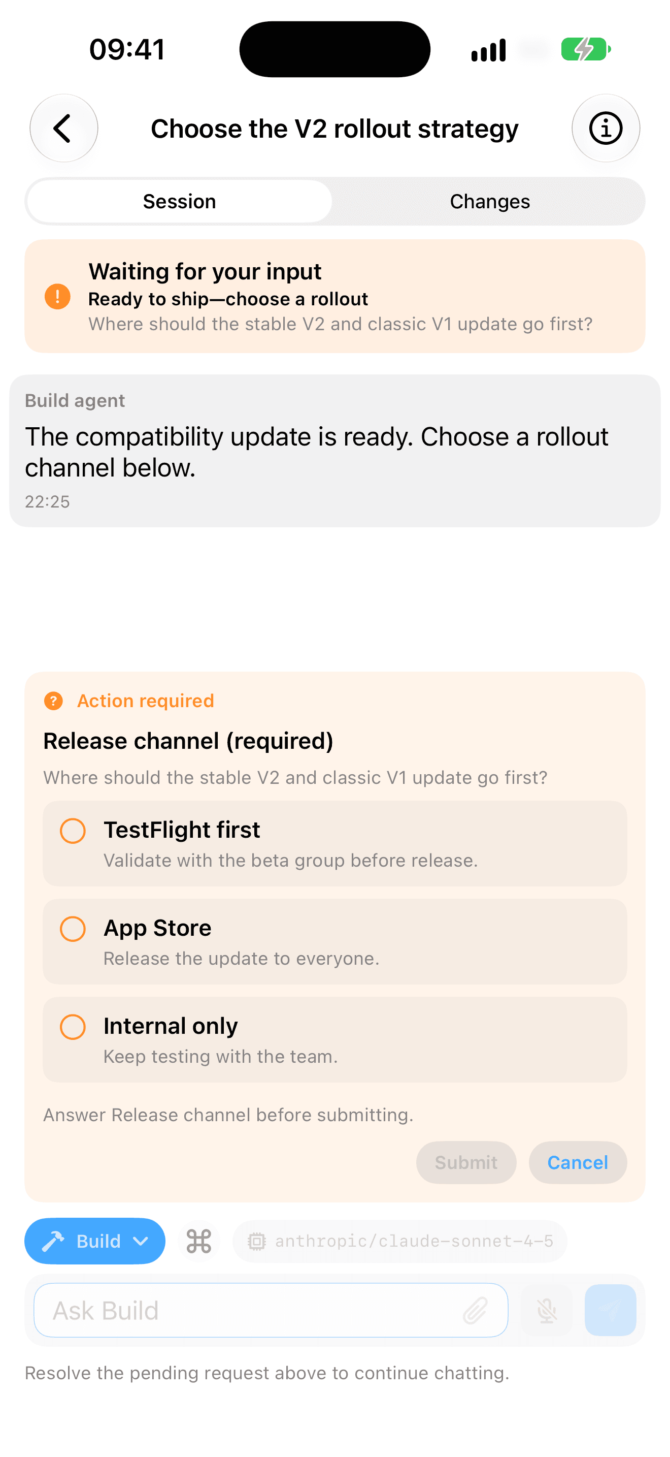 OC Remote showing a structured question waiting for an answer