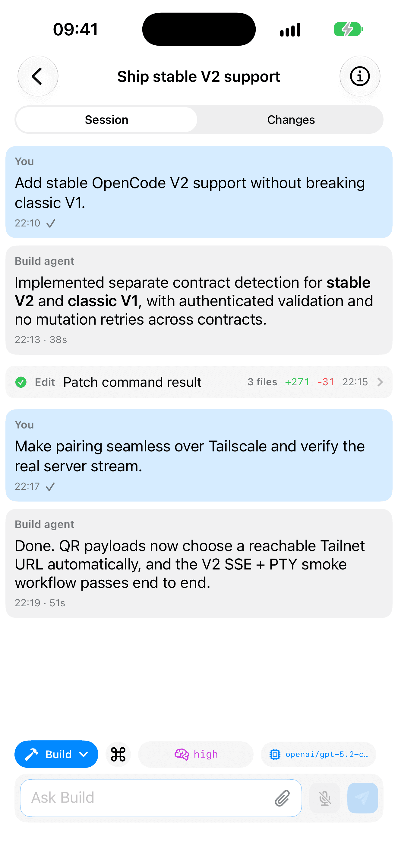 OC Remote showing a live OpenCode V2 session timeline